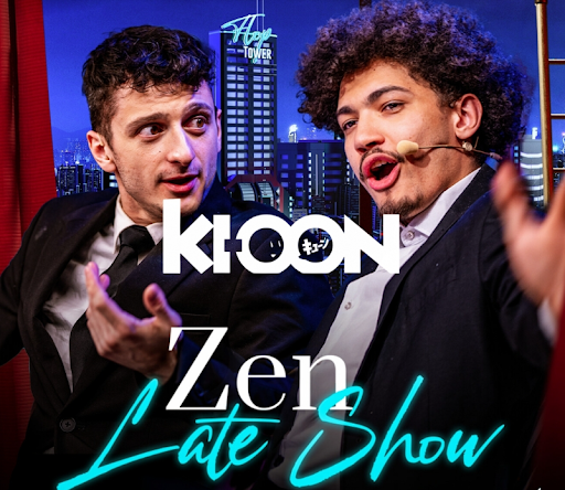 Maxime Biaggi et Grimkujow en costard avec le logo de Ki-oon et de Zen